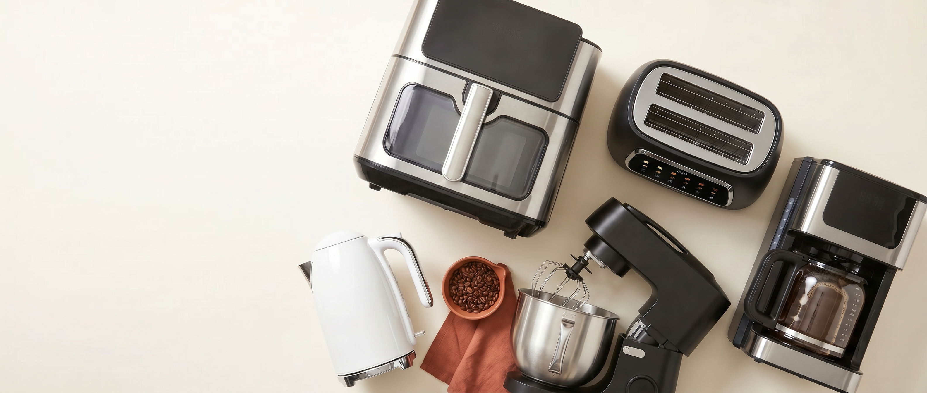 Small kitchen appliances — air fryer, toaster, kettle, stand mixer, coffee maker