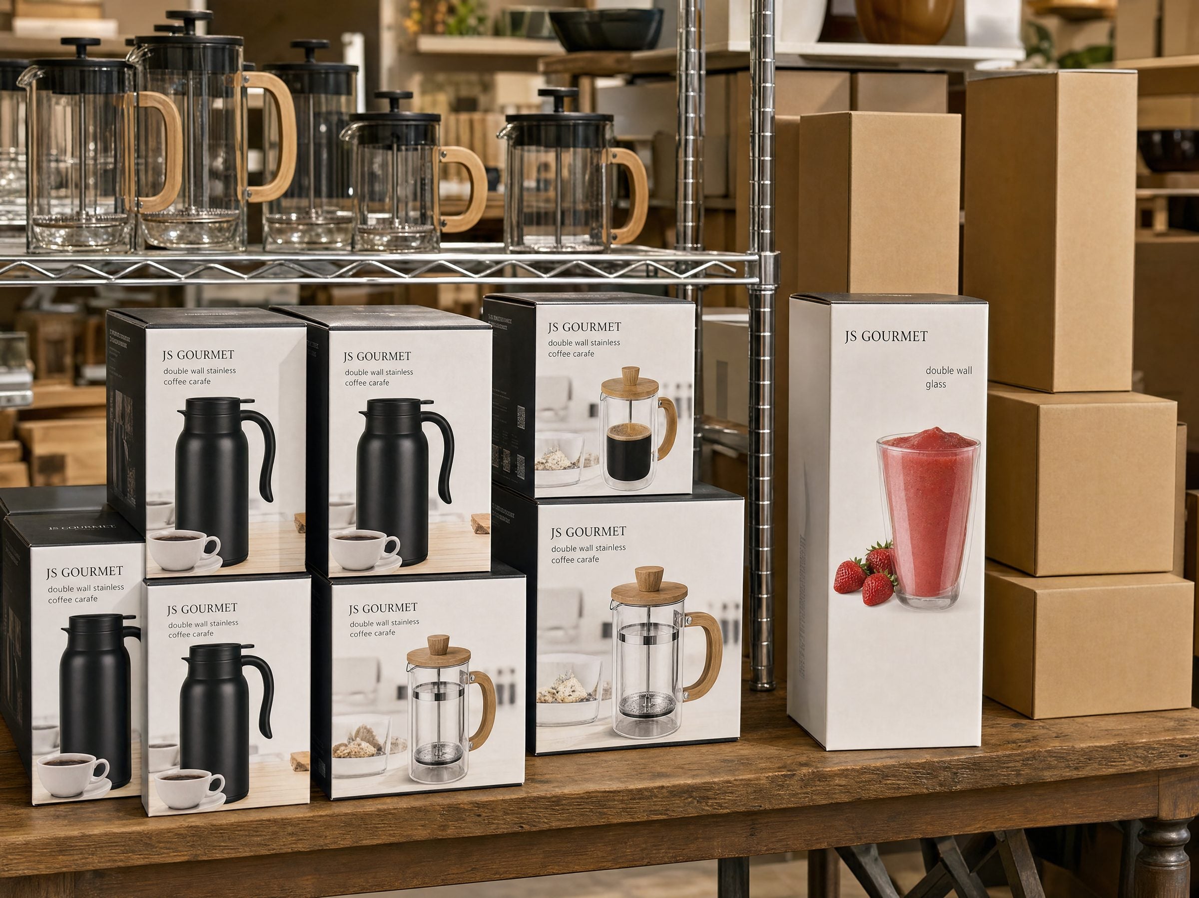 JS Gourmet coffee carafes on a retail table